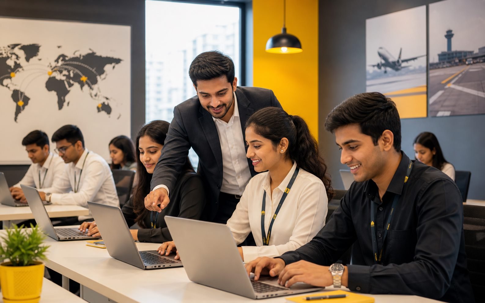 Indian aviation academy students learning with laptops in a branded training classroom