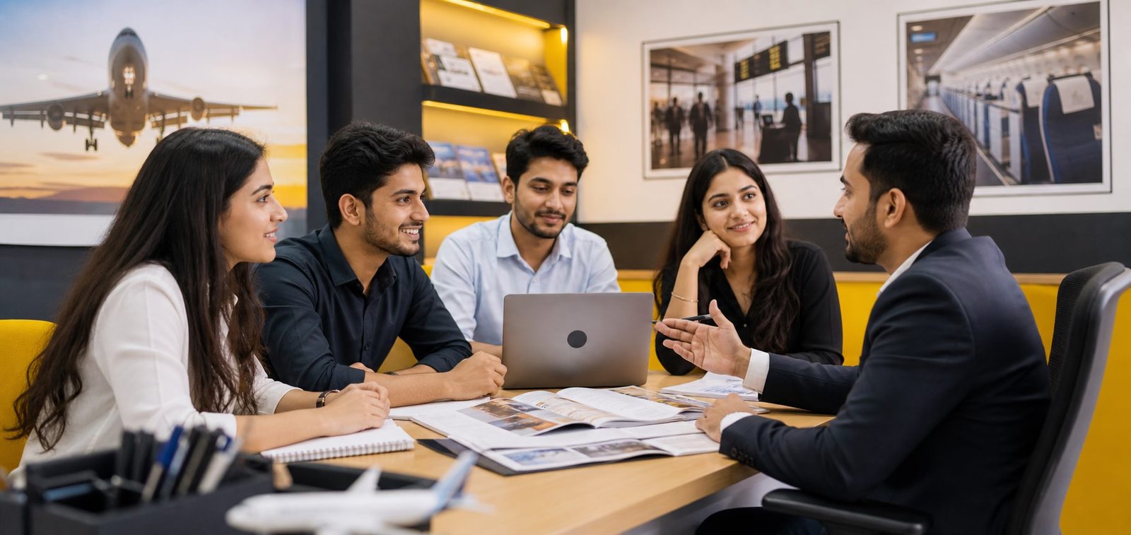 Indian students discussing aviation course options with a counsellor
